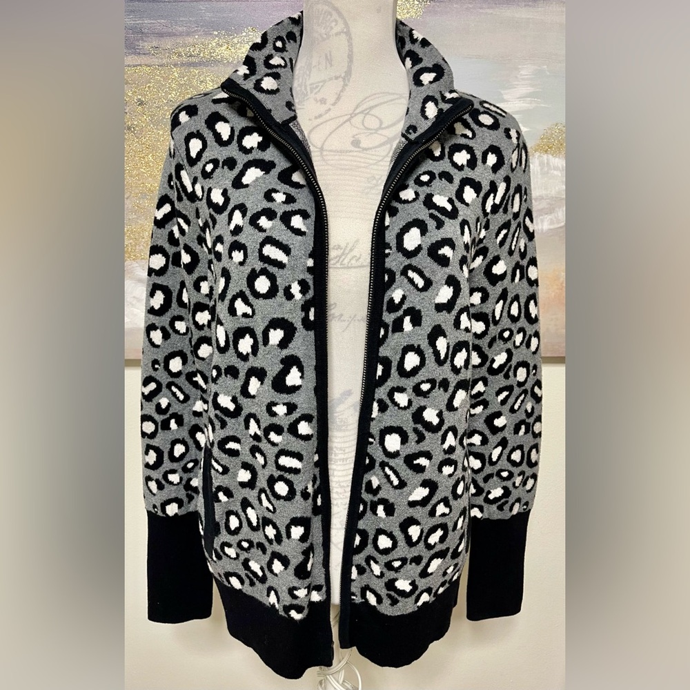 RACHEL ZOE Zippered Animal Sweater Jacket Black/White/Gray, size L